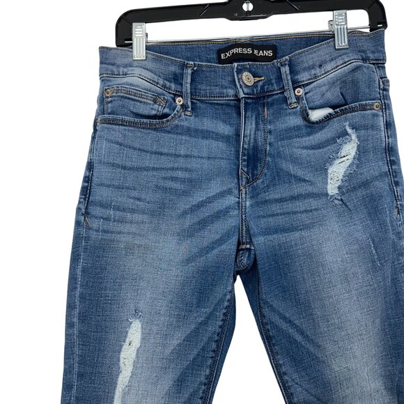 Express Jeans Cropped Distressed Midrise Denim Leggings SZ 6 Frayed Hem Stretch - Picture 10 of 13
